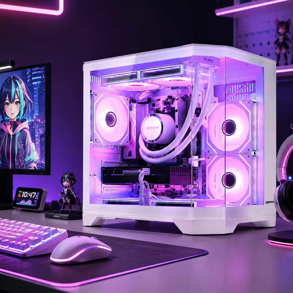 Hoengager Ocean of Stars Gaming PC with a transparent side panel, showcasing a white liquid CPU cooler and glowing purple RGB fans, set on a desk with a keyboard, mouse, and monitor in a gaming setup.
