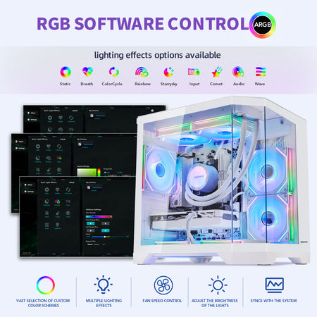 HOENGAGER RGB software control guide for white gaming desktop, illustrating customizable ARGB lighting effects, fan speed, and system sync.