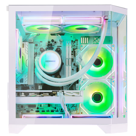 HOENGAGER white PC case interior highlighting DDR5 memory, Radeon RX 9070 GRE, and vibrant green software ARGB control.