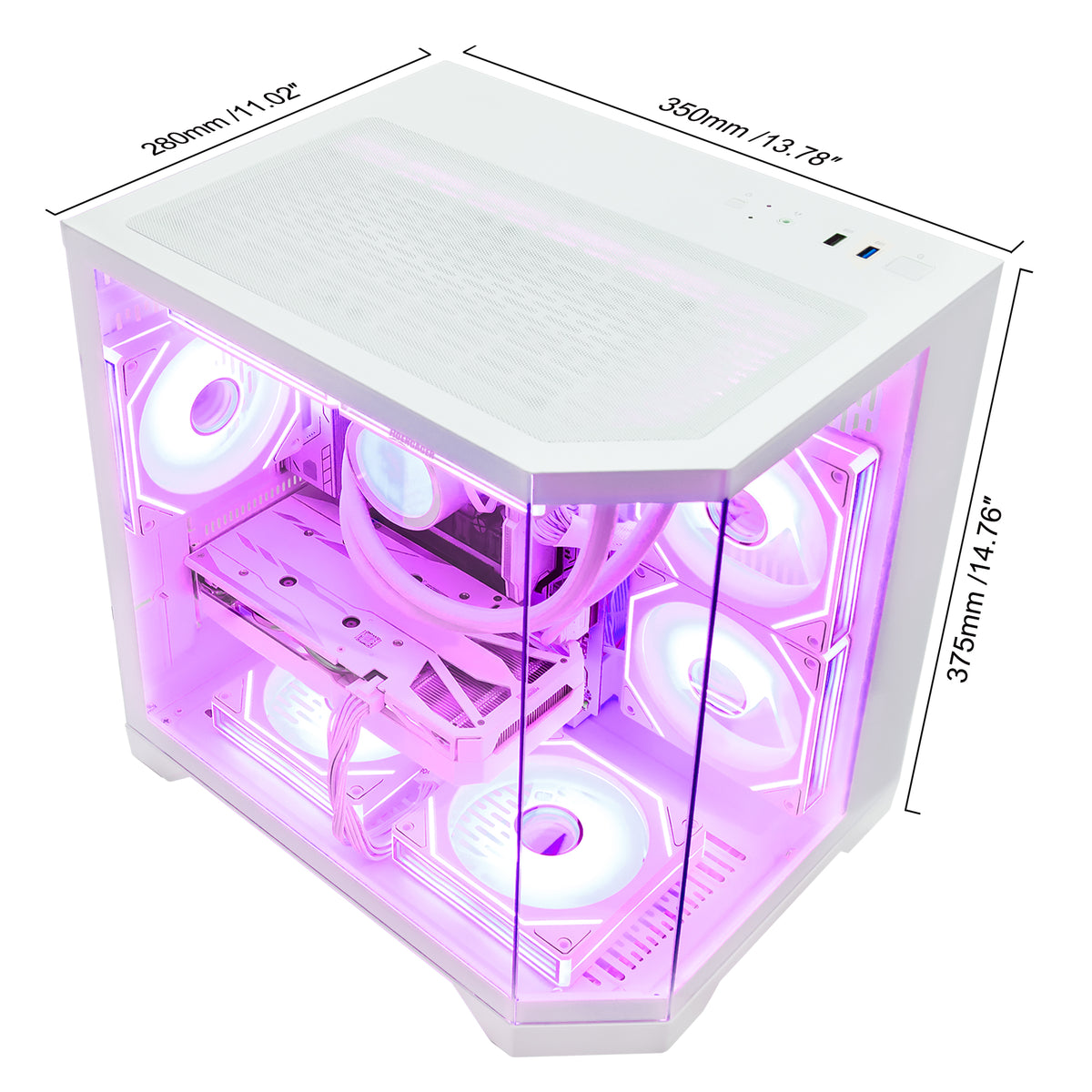 HOENGAGER white PC chassis size details showcasing high-end hardware layout and glowing pink software ARGB lighting.