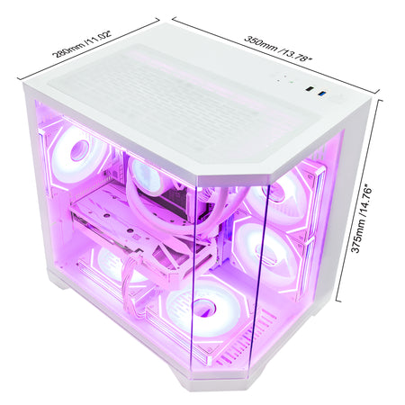 HOENGAGER white PC chassis size details showcasing high-end hardware layout and glowing pink software ARGB lighting.