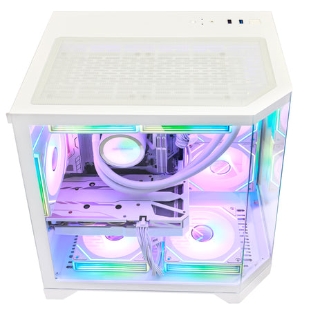Top-down view of HOENGAGER white gaming desktop with mesh top panel, glowing with rainbow software ARGB and high-end DDR5 hardware.