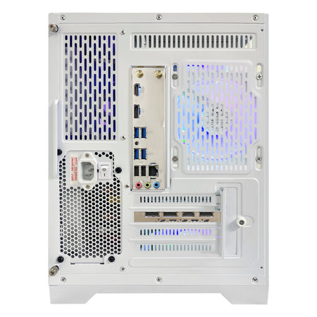 Rear I/O view of HOENGAGER white gaming PC, showcasing motherboard ports, power supply input, and Radeon RX 9070 GRE 12GB video outputs.