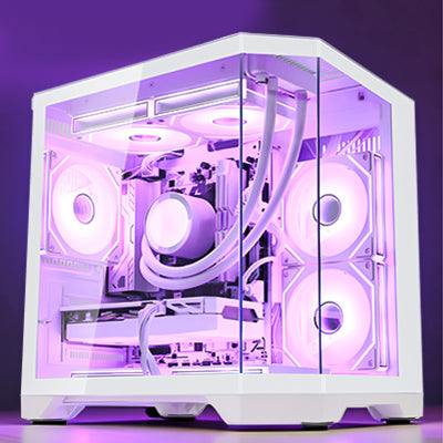 Stunning HOENGAGER white mid-tower gaming computer against a purple background, highlighting RX 9070 GRE 12GB, DDR5, and purple software ARGB.