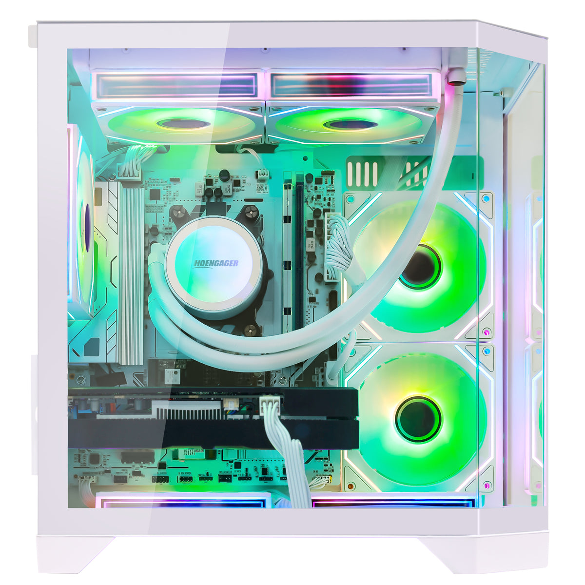 main photo for demonstration of Hoengager Gaming PC Ocean of Stars product series, this PC comes with Ryzen 9700x and Intel ARC B580 12GB GPU, blue and yellow argb colors