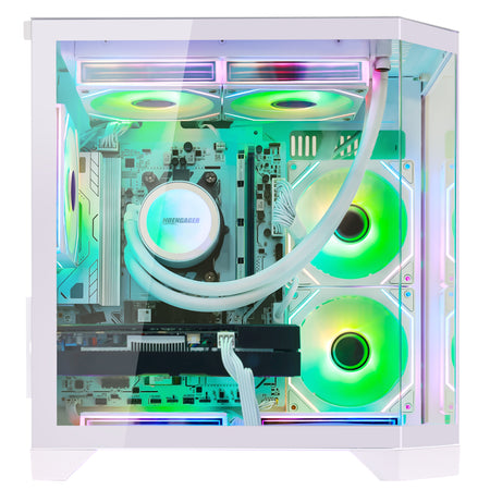 main photo for demonstration of Hoengager Gaming PC Ocean of Stars product series, this PC comes with Ryzen 9700x and Intel ARC B580 12GB GPU, blue and yellow argb colors