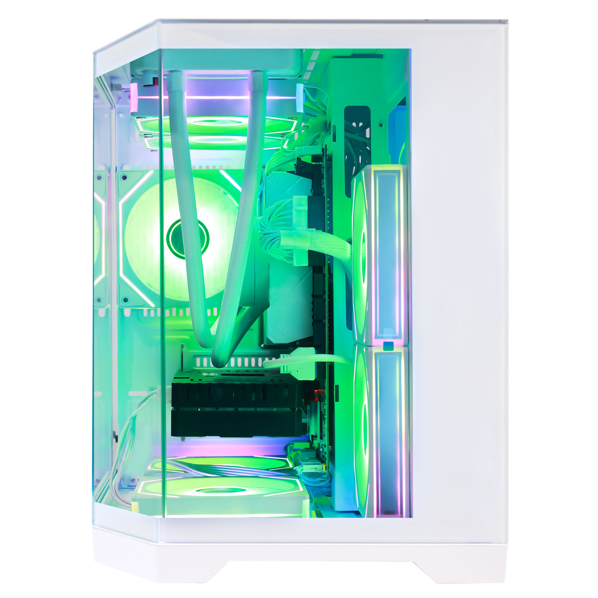 White HOENGACER 9700X Ryzen desktop PC tower ARC B580 12GB with a clear side panel, showcasing a white liquid CPU cooler with glowing purple and multicolor RGB LED lighting inside.