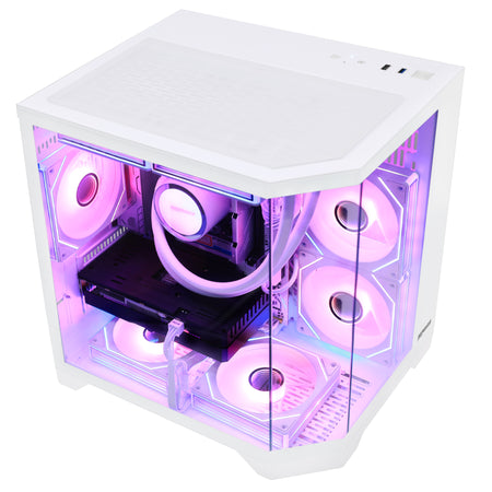 White desktop computer Hoengager with transparent side panel, illuminated RGB fans, and black graphics card