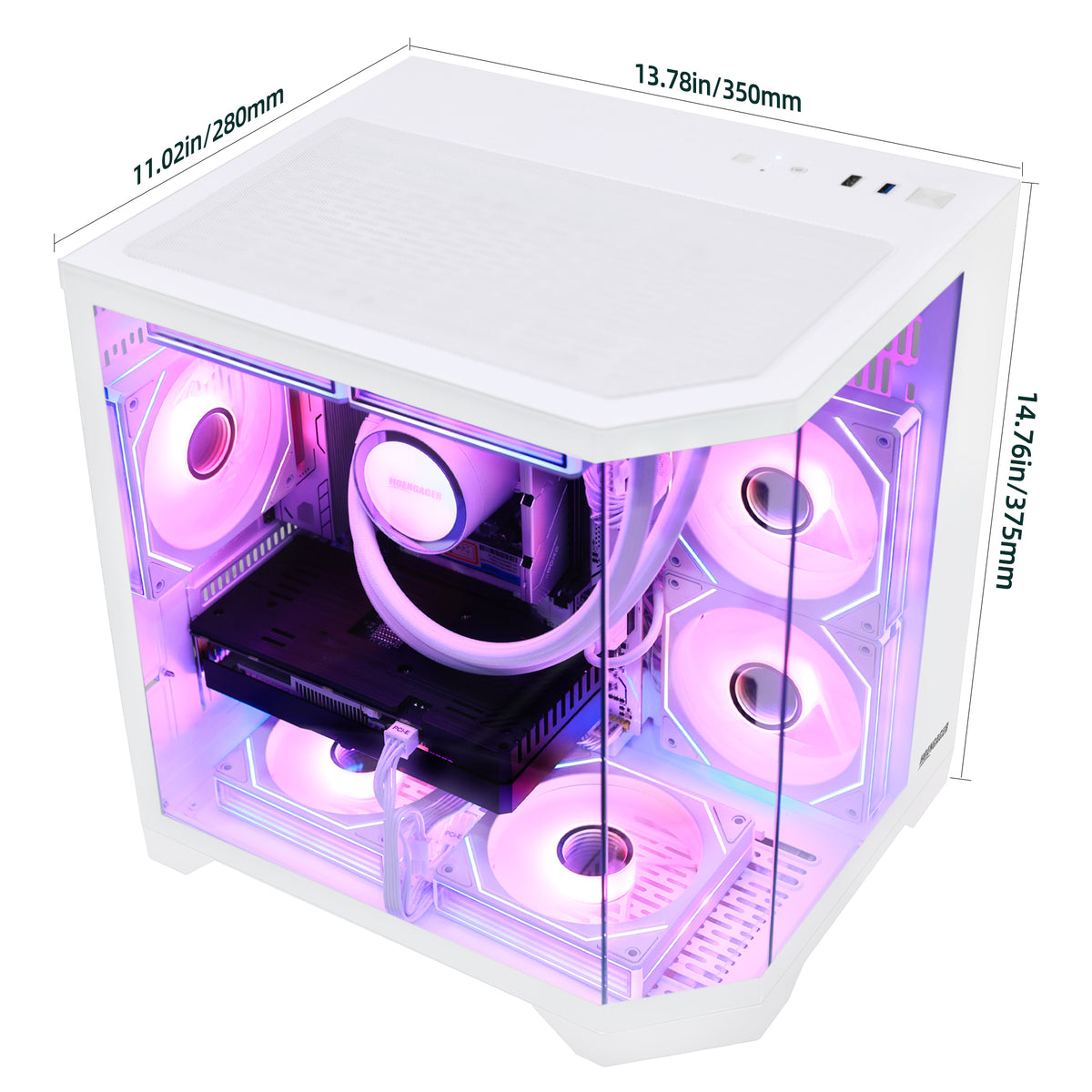 White desktop computer Hoengager with transparent side panel, illuminated RGB fans, and dimension labels showing 280mm width, 350mm depth, and 375mm height.