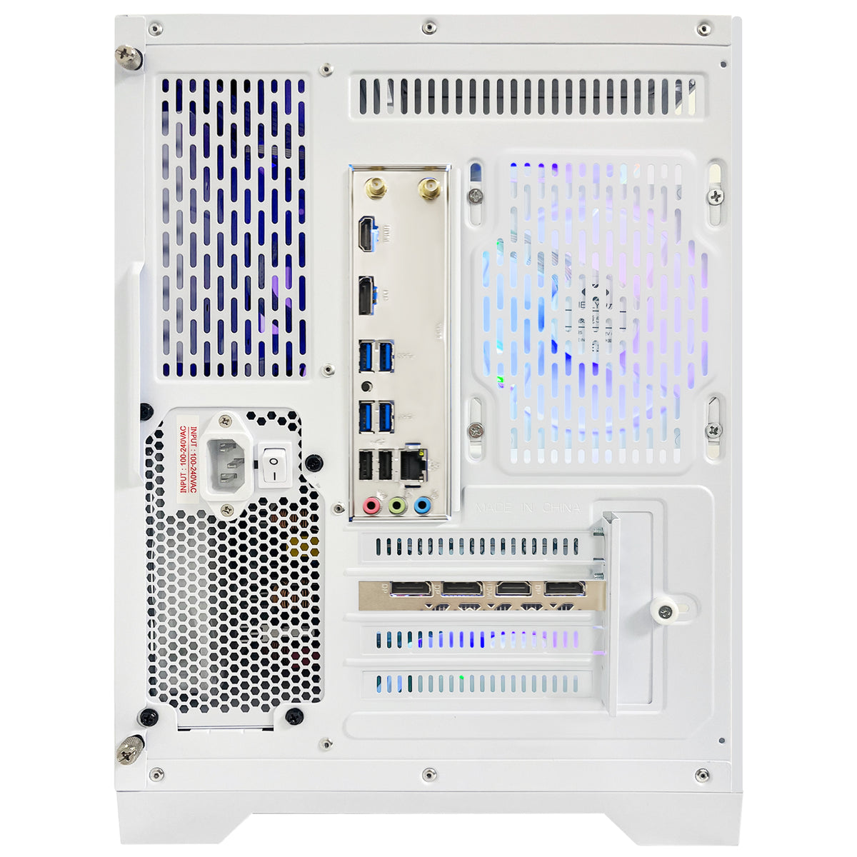 the view of back pannel ports of the gaming pc under Hoengager brand, showing the video ports, input output ports and USB 3.0 2.0 ports