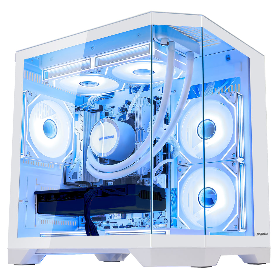 Side profile of Hoengager Ocean Of Stars Ryzen 7 9700x RTX 5060 32gb Ddr5 White Edition 9000 Series High Performance showing internal components and cooling system