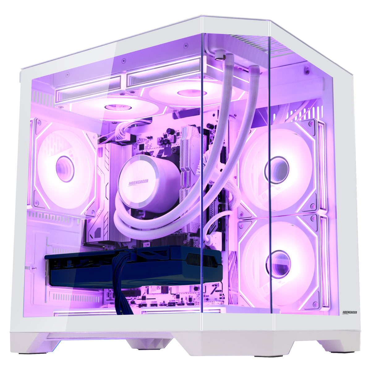Close-up of Hoengager Ocean Of Stars Ryzen 7 9700x RTX 5060 32gb Ddr5 White Edition 9000 Series High Performance interior featuring liquid cooling and GPU