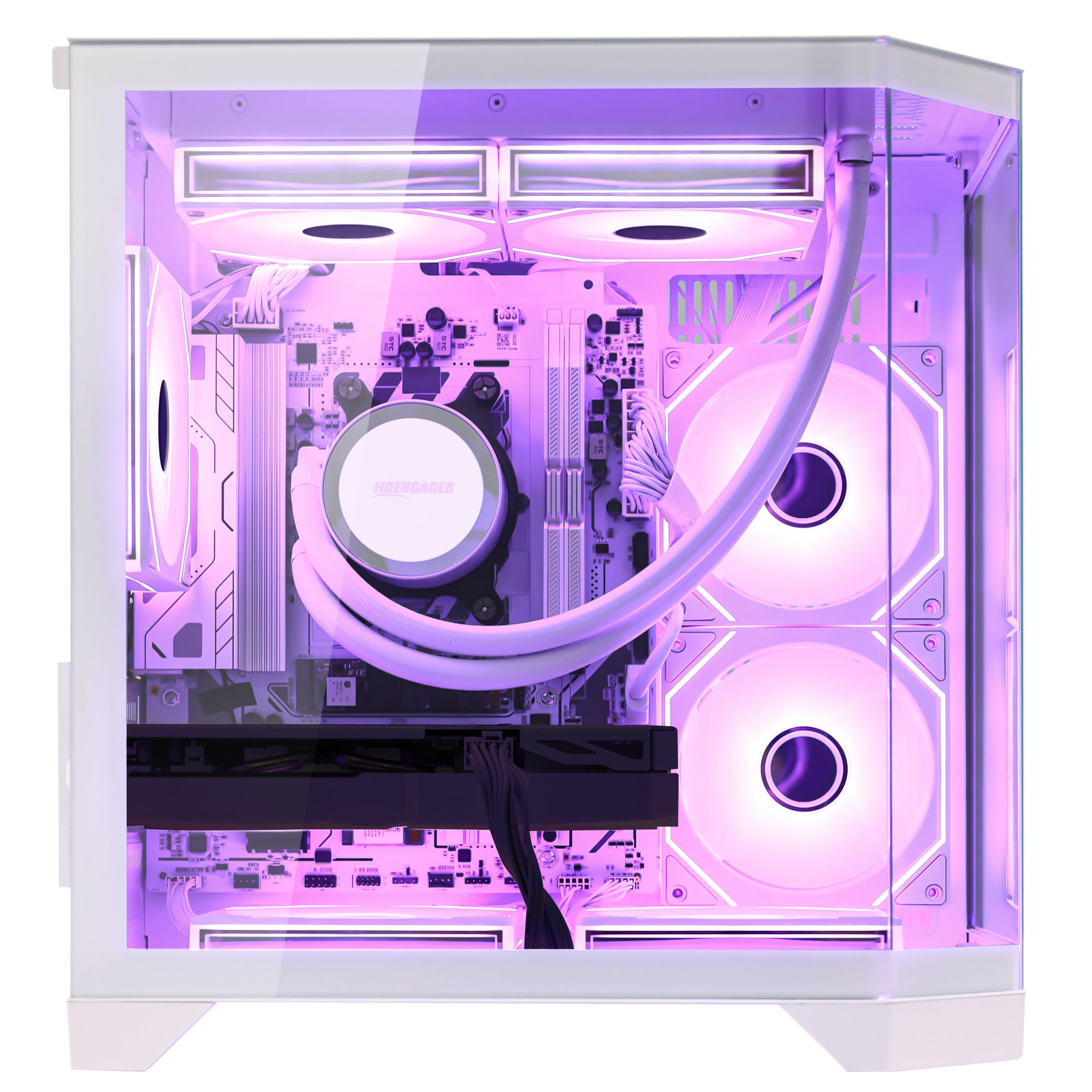 Front view of Hoengager Ocean Of Stars Ryzen 7 9700x RTX 5060 32gb Ddr5 White Edition 9000 Series High Performance gaming desktop with vibrant RGB fans
