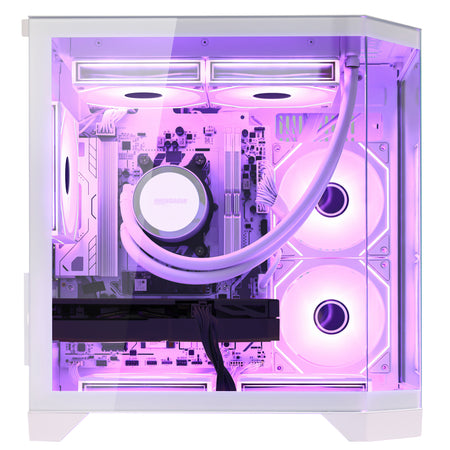 Front view of Hoengager Ocean Of Stars Ryzen 7 9700x RTX 5060 32gb Ddr5 White Edition 9000 Series High Performance gaming desktop with vibrant RGB fans