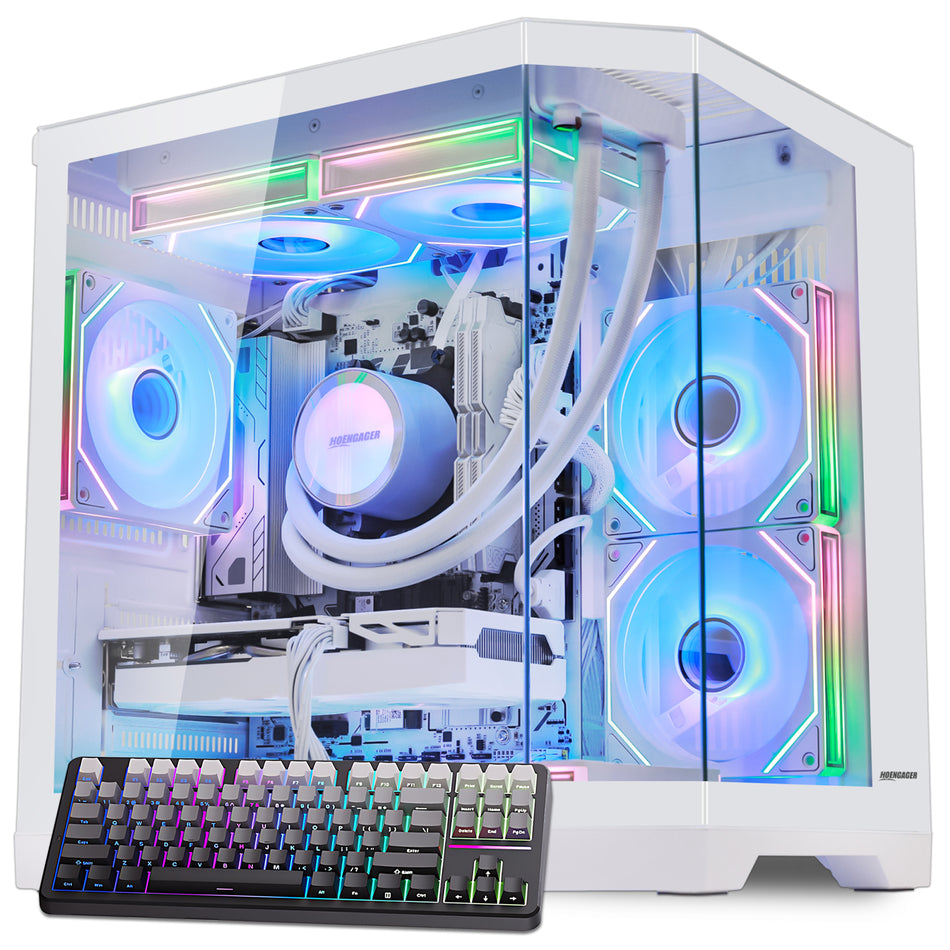 Main view of Hoengager Ocean Of Stars Ryzen 7 7800x3d RTX 5070 White Edition 7000 Series with panoramic glass case and RGB lighting