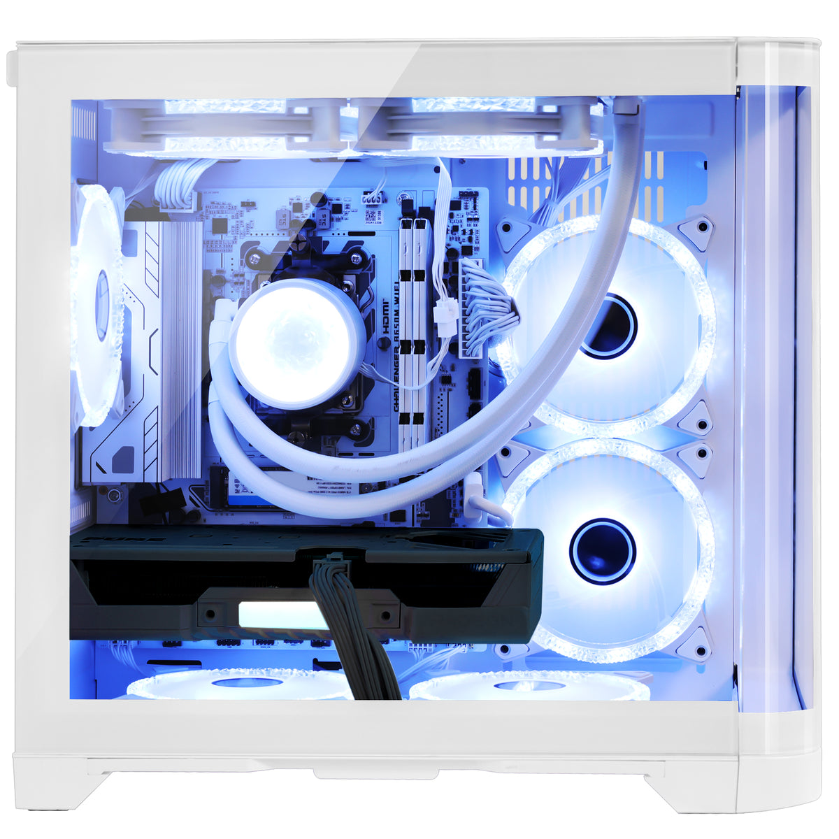 Internal close-up of Hoengager Poseidon White with blue ARGB lighting highlighting the RTX 3060 12GB graphics card