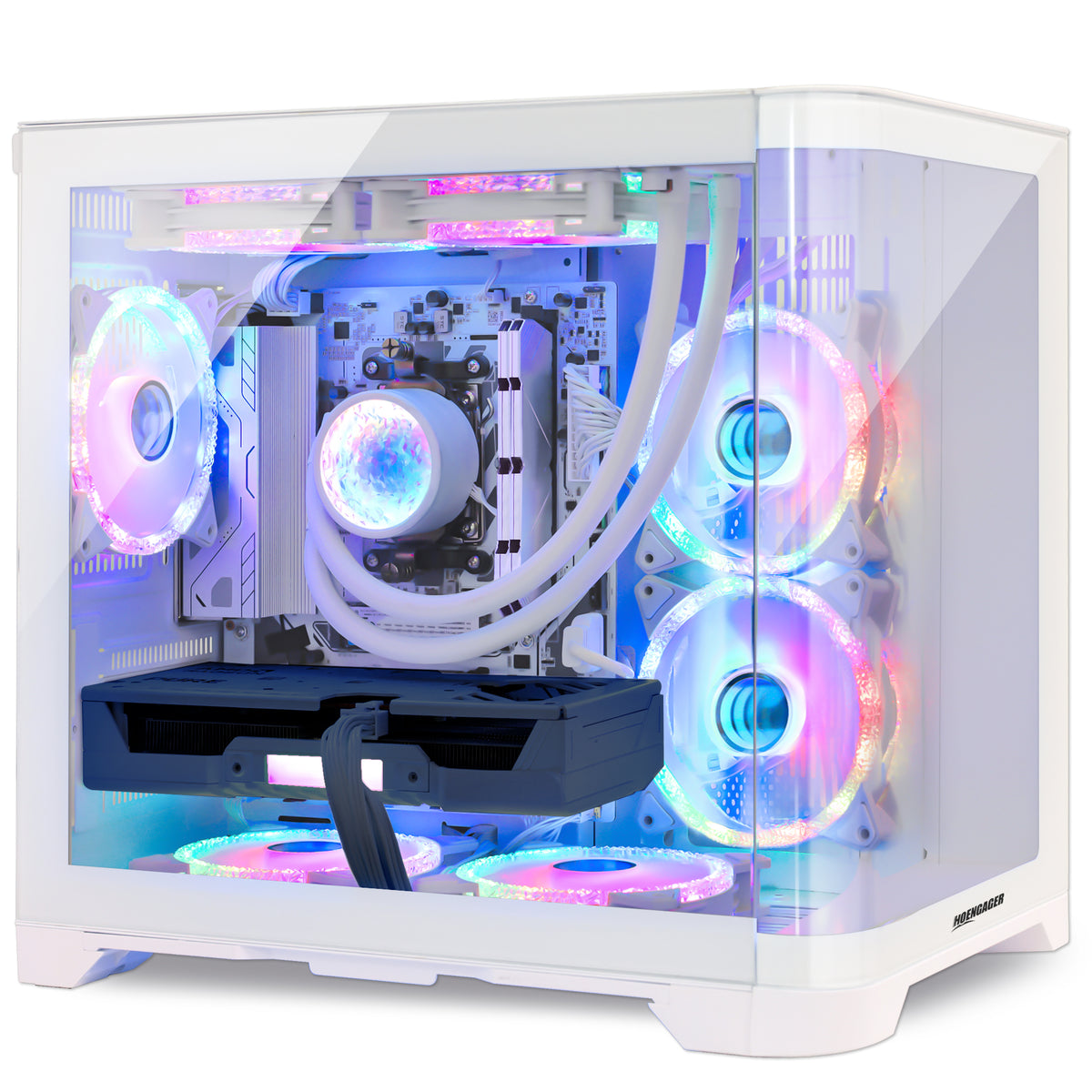 Hoengager Poseidon White prebuilt desktop featuring 240mm AIO liquid cooling and multi-color ARGB software-controlled fans