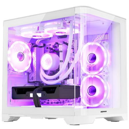 Hoengager Poseidon White gaming PC side view highlighting the 240mm liquid cooling pump block and purple lighting