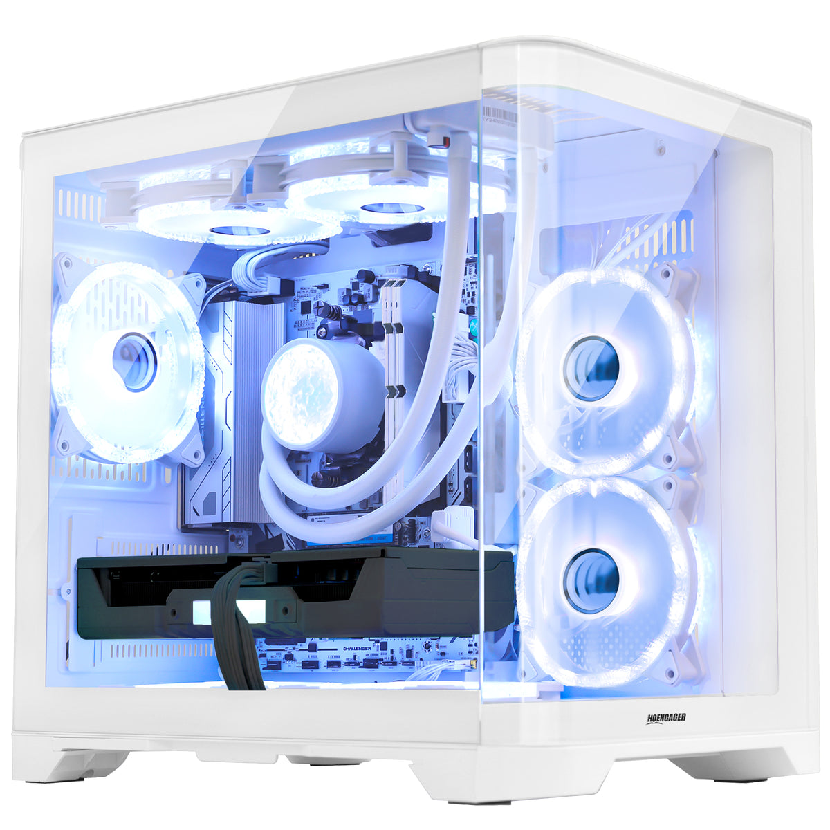Hoengager Poseidon White gaming desktop illuminated with clean, ice-blue software-controlled ARGB lighting