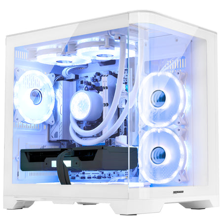 Hoengager Poseidon White gaming desktop illuminated with clean, ice-blue software-controlled ARGB lighting