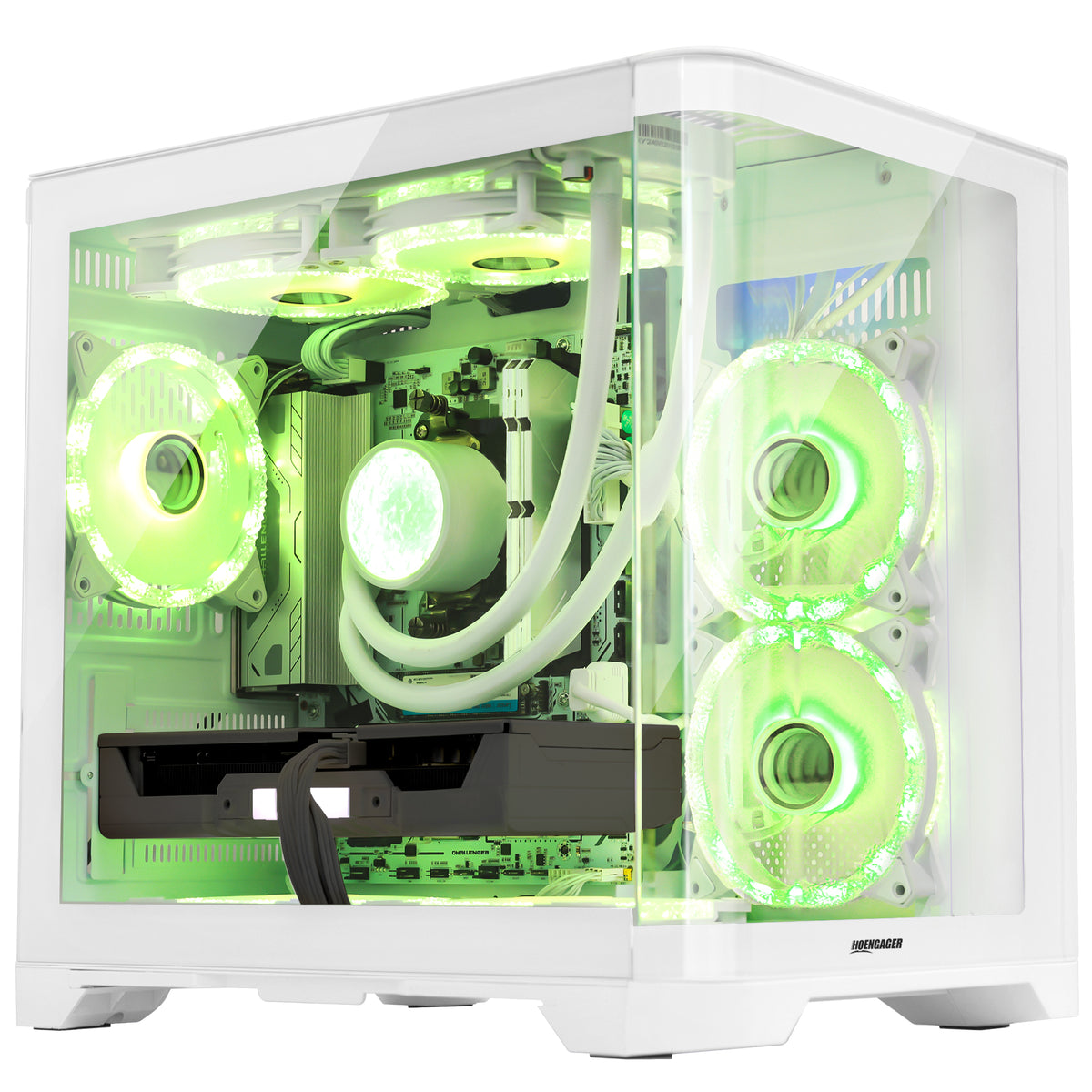 Hoengager Poseidon White high-performance gaming PC featuring bright neon-green ARGB fan lighting effects