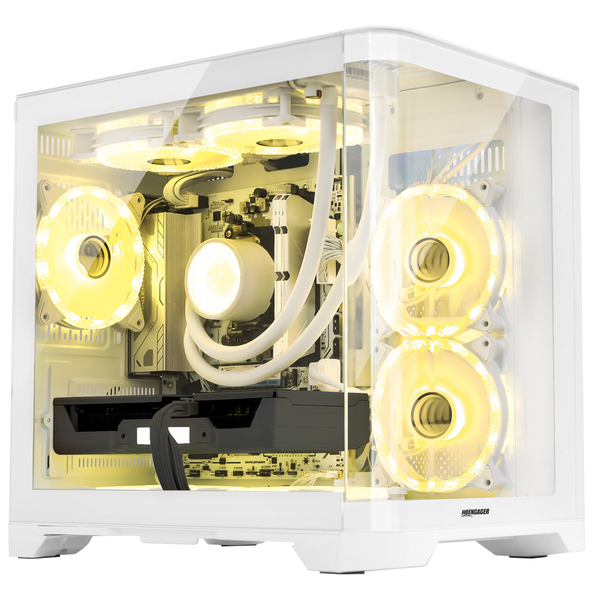 Hoengager Poseidon White desktop system showcasing warm yellow ARGB illumination and clean white interior components