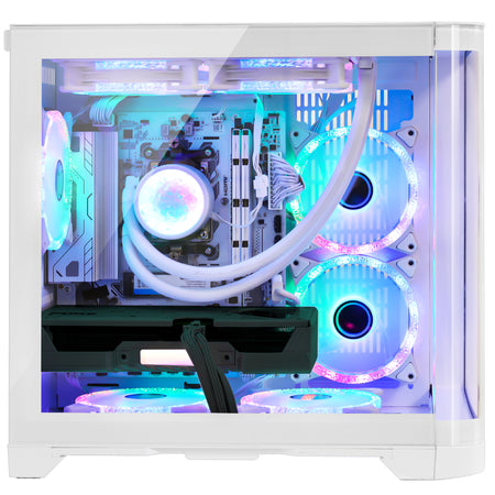 Detailed close-up view of Hoengager Poseidon White interior with synchronized multi-color ARGB cooling fans