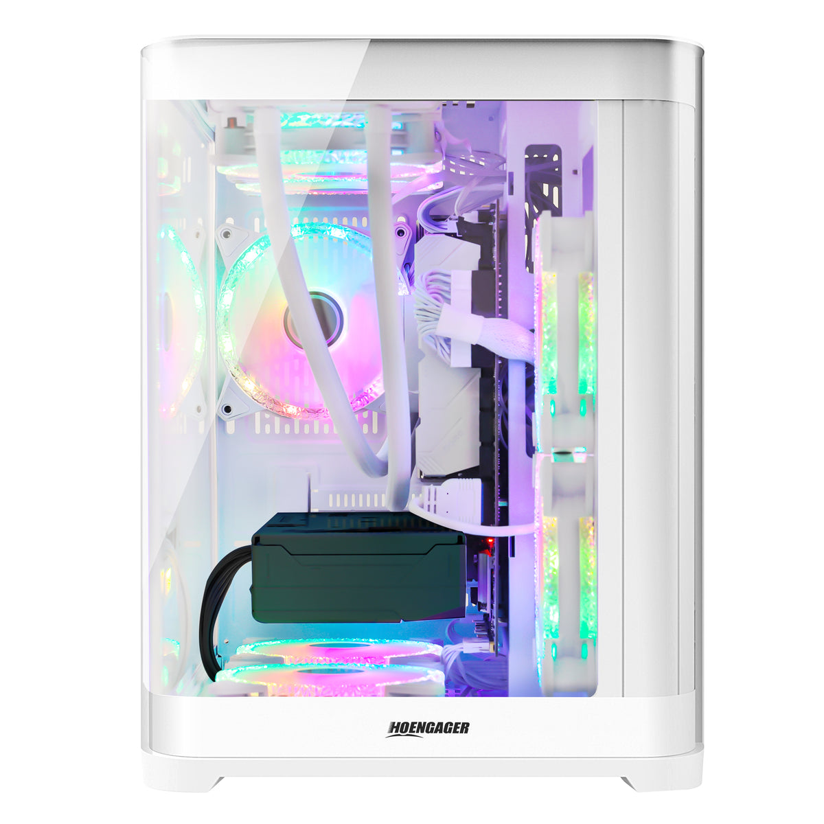 Hoengager Poseidon White gaming PC angled front view displaying panoramic glass panels and vibrant ARGB lighting