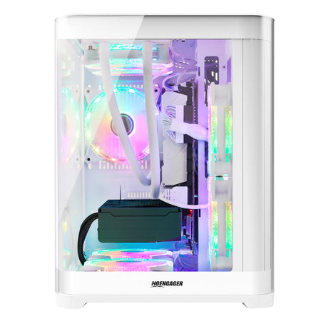 Hoengager Poseidon White gaming PC angled front view displaying panoramic glass panels and vibrant ARGB lighting