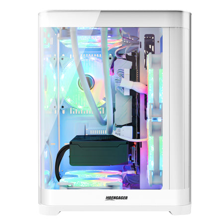 Front-angled view of Hoengager Poseidon White gaming desktop highlighting clean white chassis and interior hardware