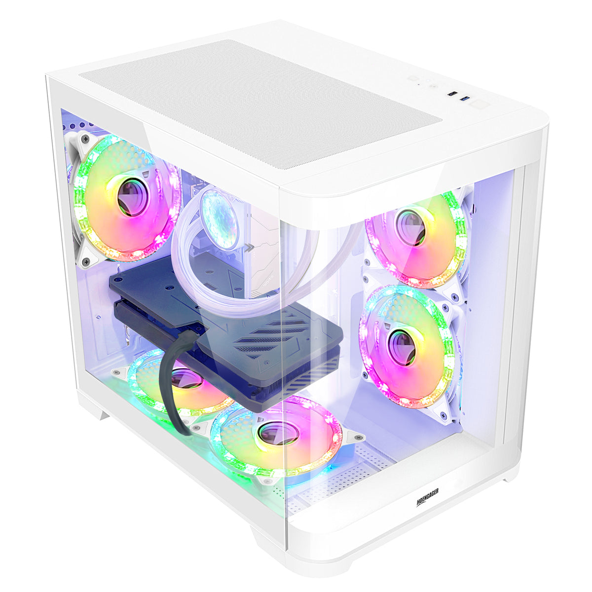 Hoengager Poseidon White gaming desktop top-angled perspective showing mesh top panel, I/O ports, and glass side panel
