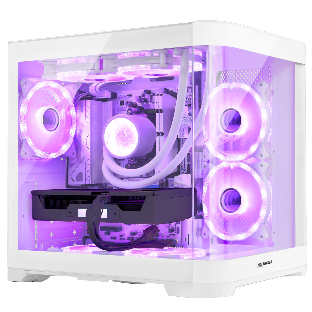 Hoengager Poseidon White gaming PC powered by AMD Ryzen 9700X and GeForce RTX 3060 12GB with vibrant purple ARGB lighting