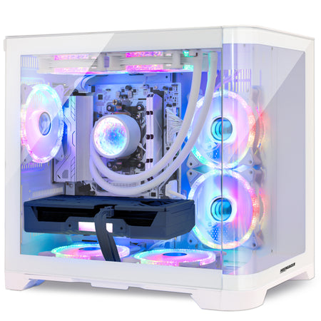 Hoengager Poseidon White prebuilt desktop featuring 240mm AIO liquid cooling and multi-color ARGB software-controlled fans