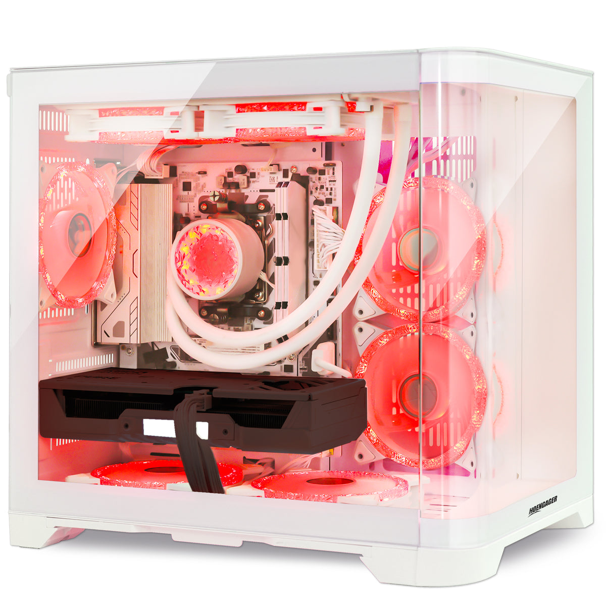 Hoengager Poseidon White gaming computer showcasing intense red ARGB lighting effects and panoramic glass chassis
