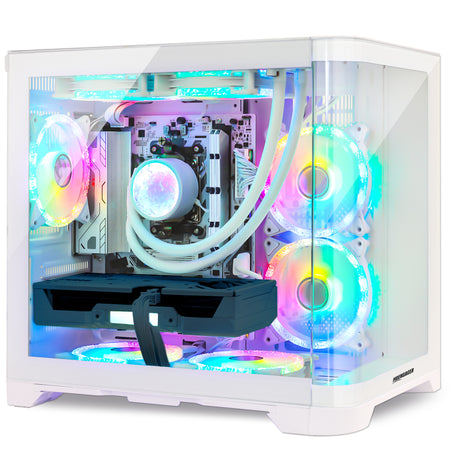 Hoengager Poseidon White desktop with Ryzen 9700X and RTX 3060 12GB displaying dynamic multi-color ARGB illumination
