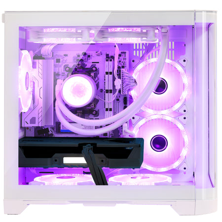 Close-up of Hoengager Poseidon White internal components featuring Ryzen 9700X, motherboard, and 240mm water cooling tubes