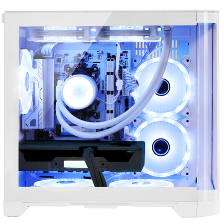 Internal close-up of Hoengager Poseidon White with blue ARGB lighting highlighting the RTX 3060 12GB graphics card