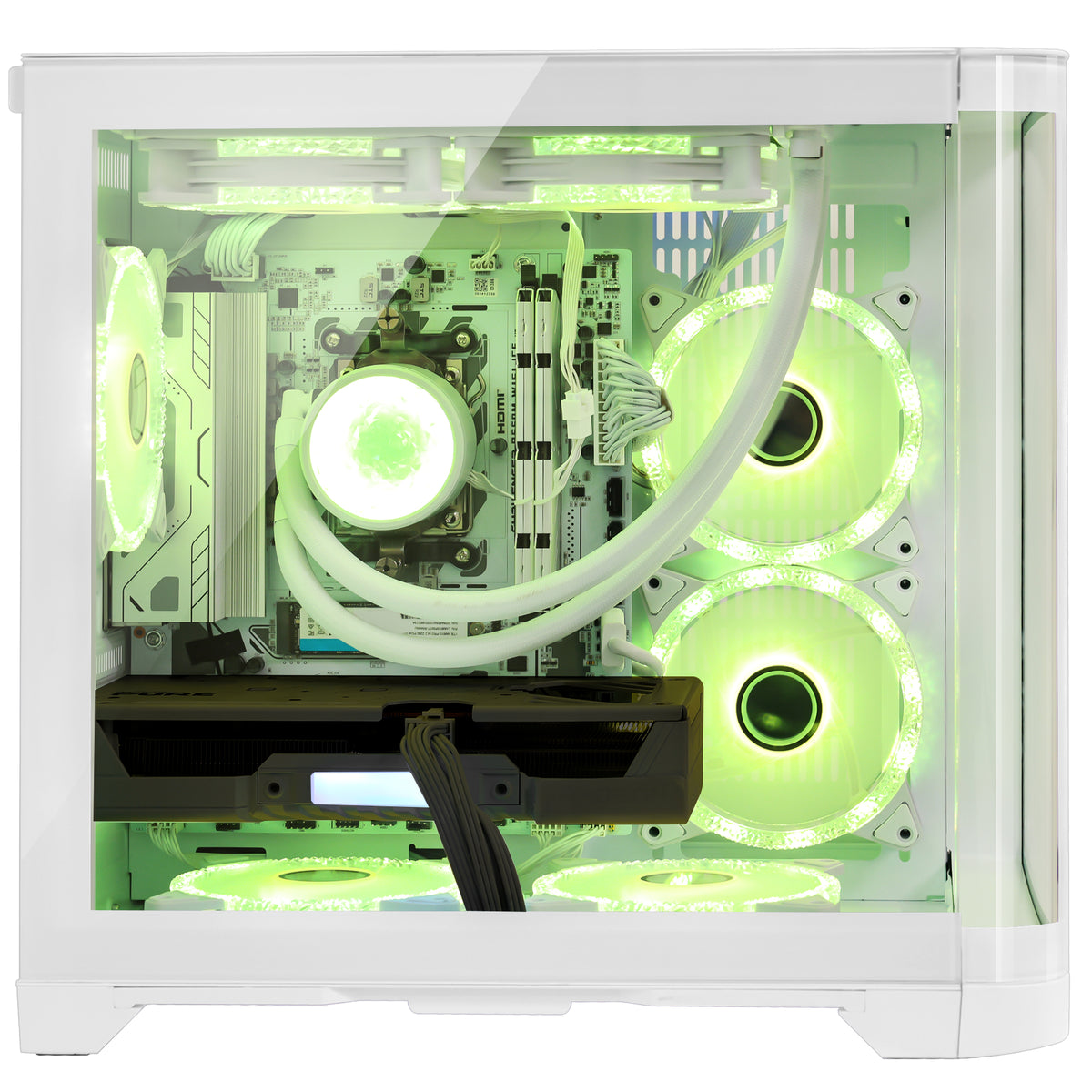 Internal component view of Hoengager Poseidon White featuring green ARGB lighting and 240mm liquid cooler radiator