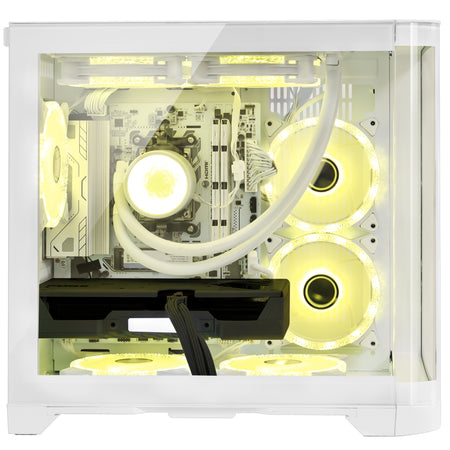 Close-up shot inside Hoengager Poseidon White desktop showing yellow ARGB lighting and memory modules