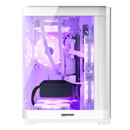 Hoengager Poseidon White gaming PC viewed from the front-angle with glowing purple software-controlled ARGB sync