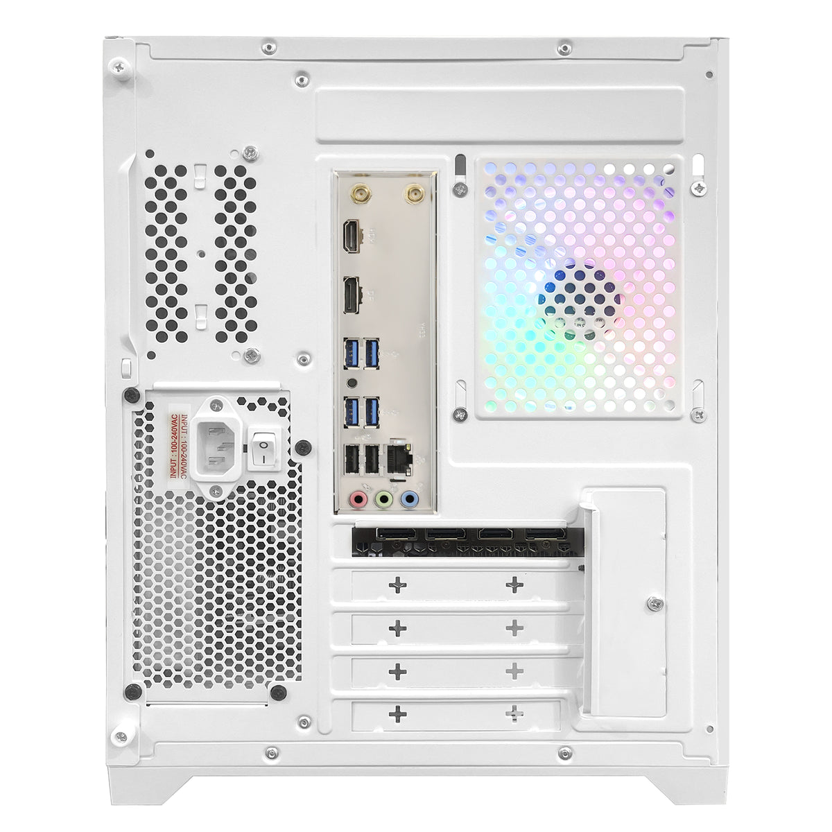 Rear view of Hoengager Poseidon White gaming PC showcasing power supply unit, motherboard I/O shield, and rear exhaust fan