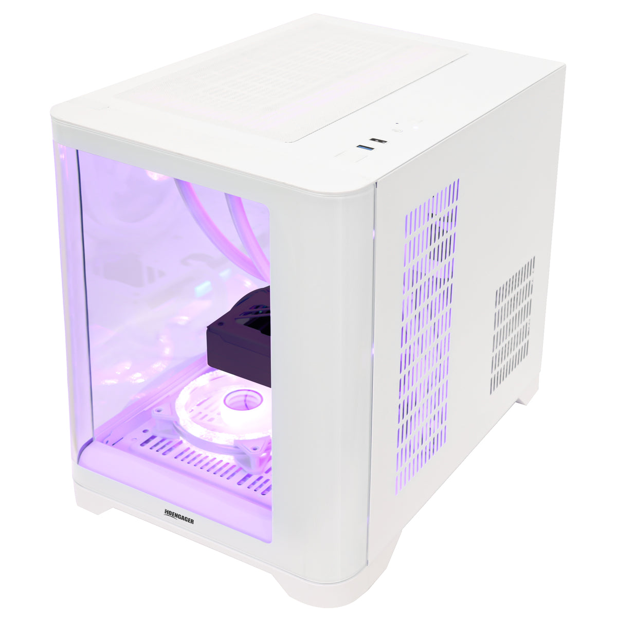 Hoengager Poseidon White gaming PC angled side profile highlighting top-mounted I/O and side ventilation strips