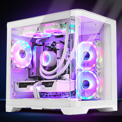 Main view of Hoengager Gaming PC Ryzen 7 5700x RTX 5060 White Edition 5000 Series High Performance with panoramic glass case and RGB lighting