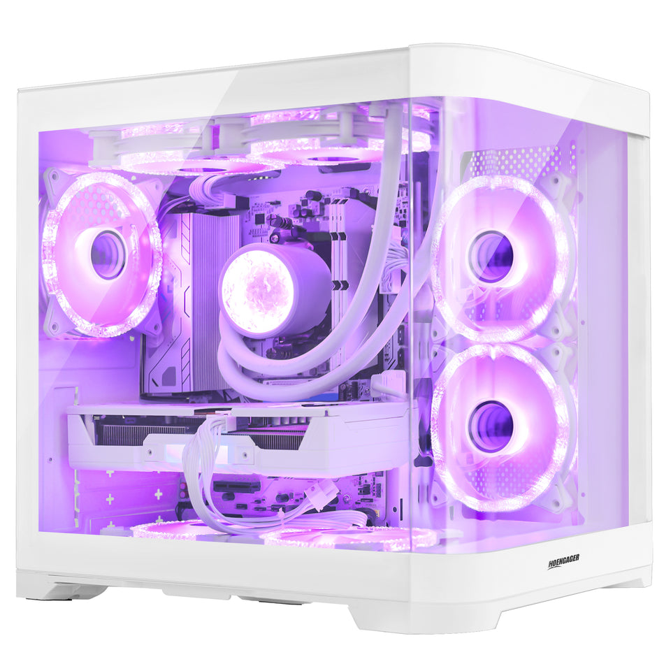 Side profile of Hoengager Gaming PC Ryzen 7 5700x RTX 5060 White Edition 5000 Series High Performance showing internal components and cooling system