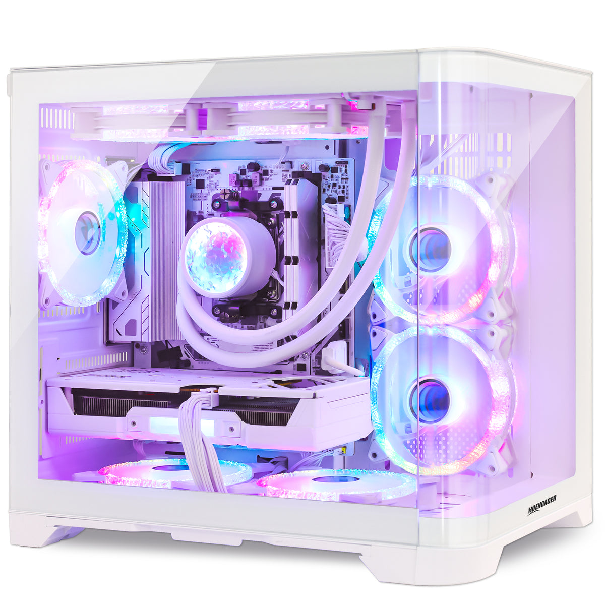 Close-up of Hoengager Gaming PC Ryzen 7 5700x RTX 5060 White Edition 5000 Series High Performance interior featuring liquid cooling and GPU