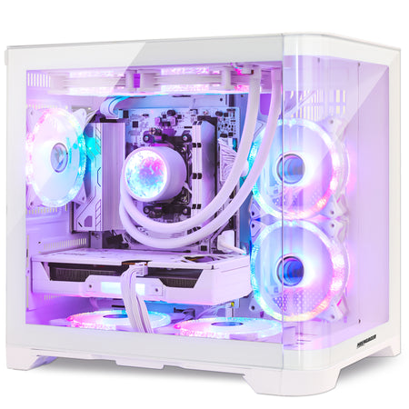 Close-up of Hoengager Gaming PC Ryzen 7 5700x RTX 5060 White Edition 5000 Series High Performance interior featuring liquid cooling and GPU