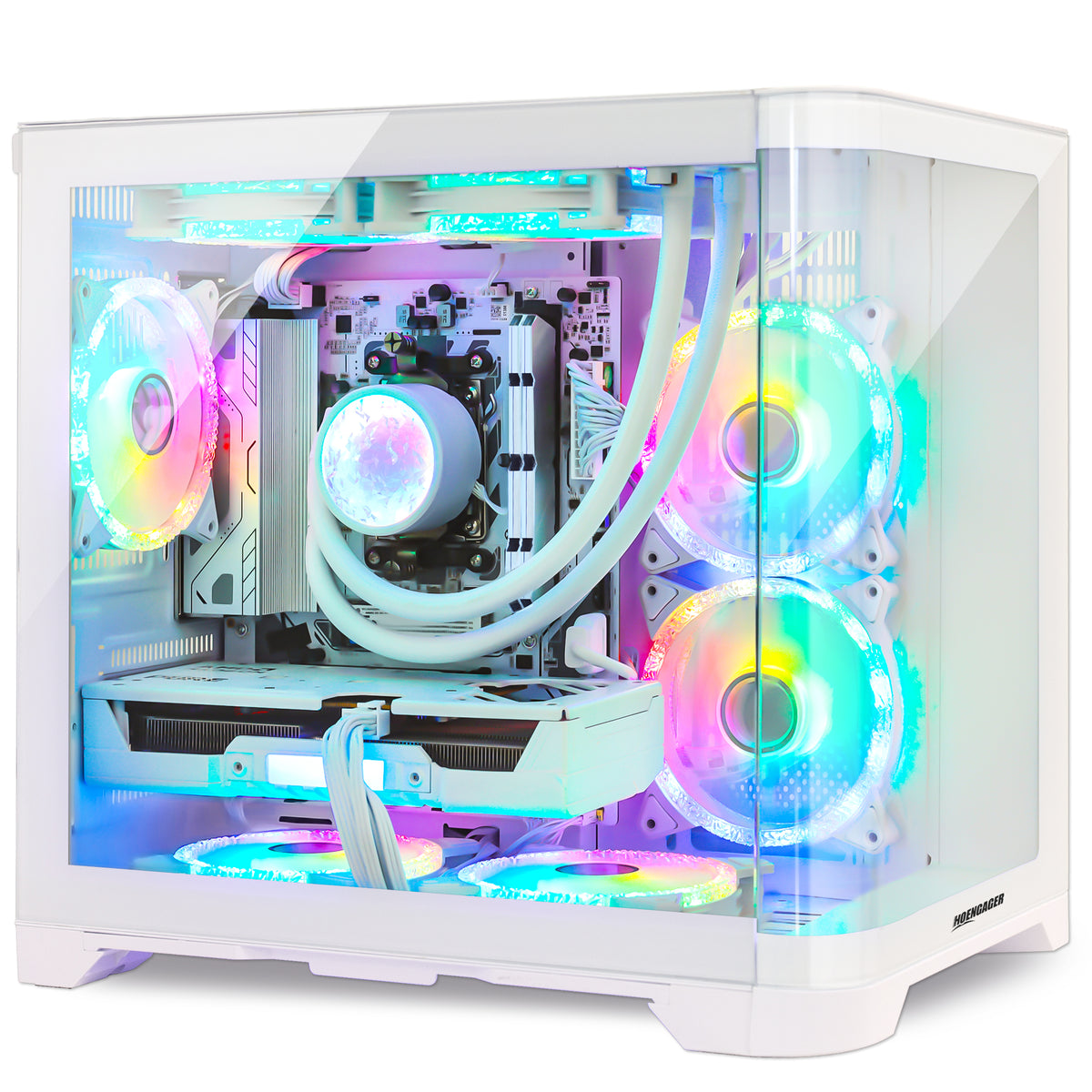 Front view of Hoengager Gaming PC Ryzen 7 5700x RTX 5060 White Edition 5000 Series High Performance gaming desktop with vibrant RGB fans