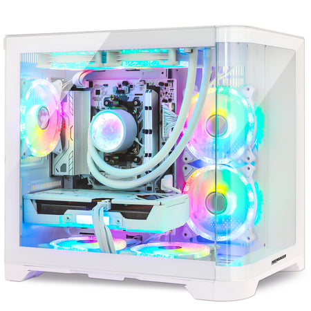 Front view of Hoengager Gaming PC Ryzen 7 5700x RTX 5060 White Edition 5000 Series High Performance gaming desktop with vibrant RGB fans