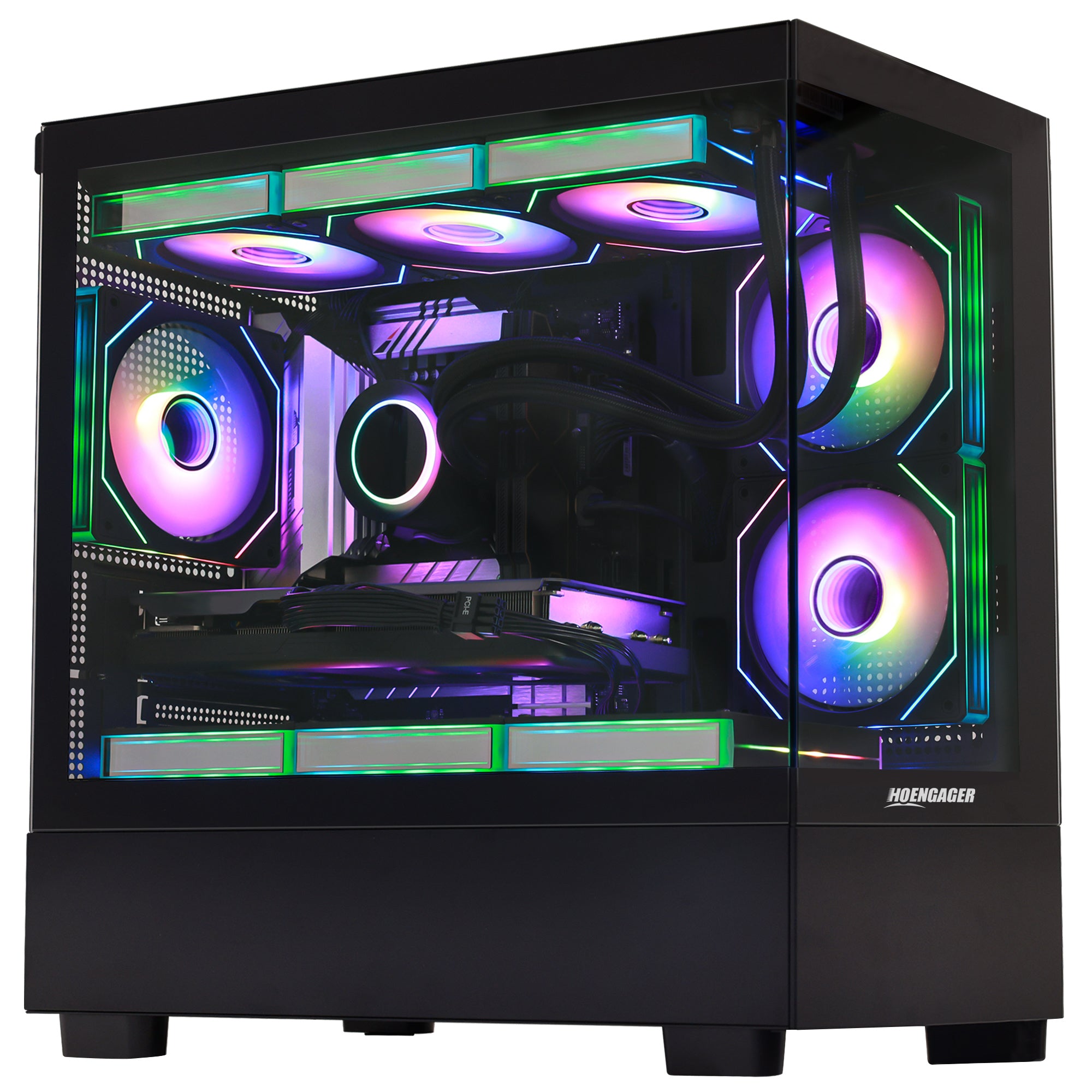 Main view of Hoengager Gaming PC I7 13700k RTX 5070 32gb Ddr5 Stealth Black High Performance with panoramic glass case and RGB lighting