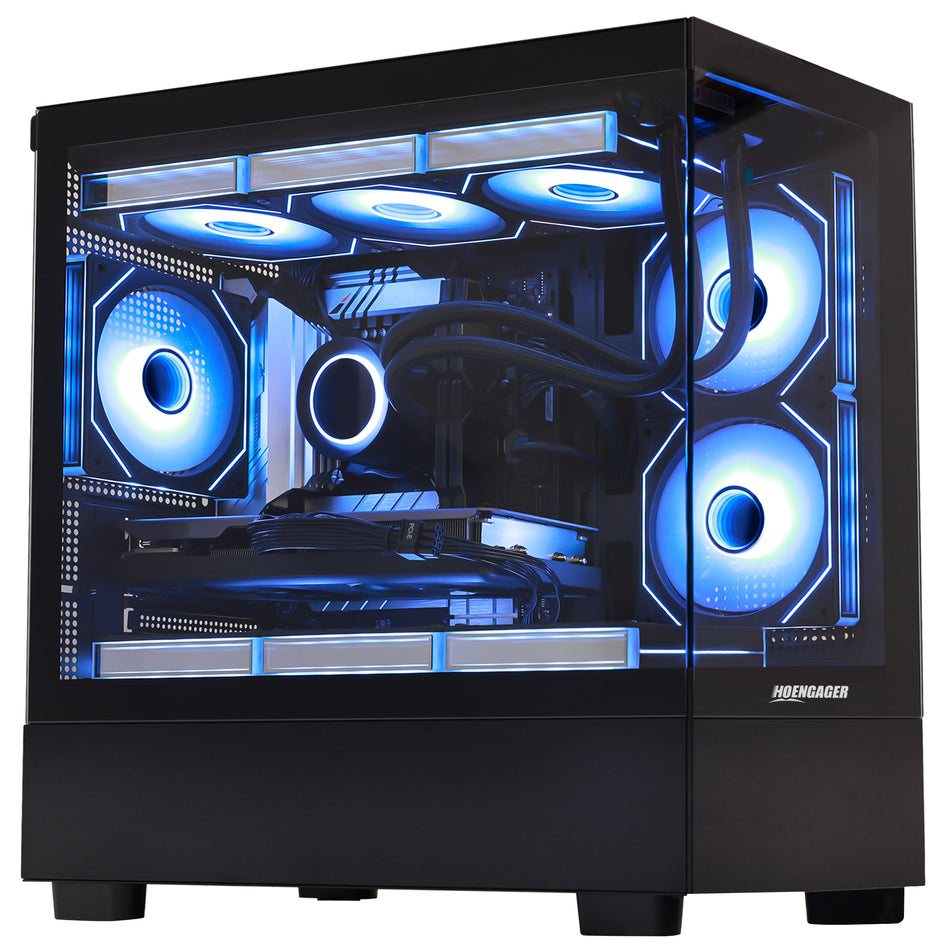 Side profile of Hoengager Gaming PC I7 13700k RTX 5070 32gb Ddr5 Stealth Black High Performance showing internal components and cooling system